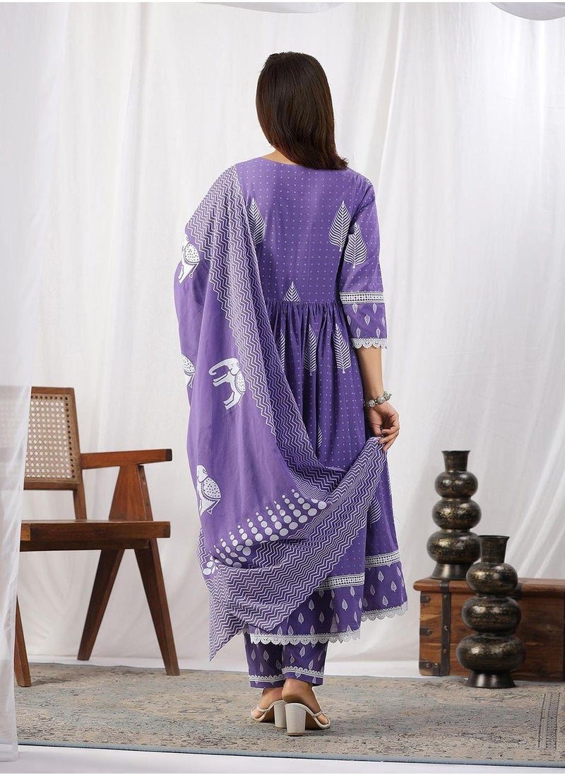 ISHIN Women's Lilac 100% Cotton Embellished Tunic Full Length Casual Straight Fit Kurta Set  - Image 5