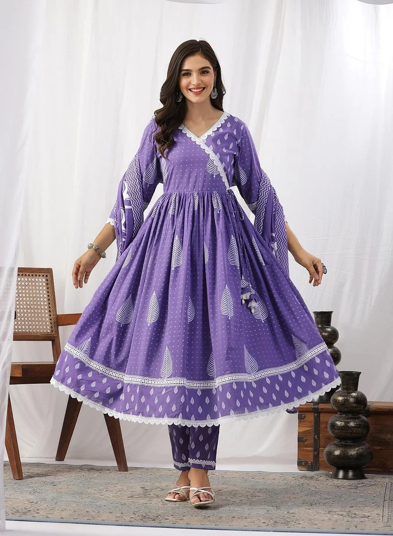 ISHIN Women's Lilac 100% Cotton Embellished Tunic Full Length Casual Straight Fit Kurta Set