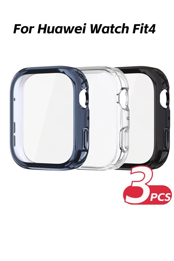 دكينج 3 قطع Huawei Watch Fit4 TPU واقي شاشة ، مقاوم للسقوط والخدش ، مطاط ناعم ، غلاف كامل ، أزرق / شفاف / أسود - Image 1