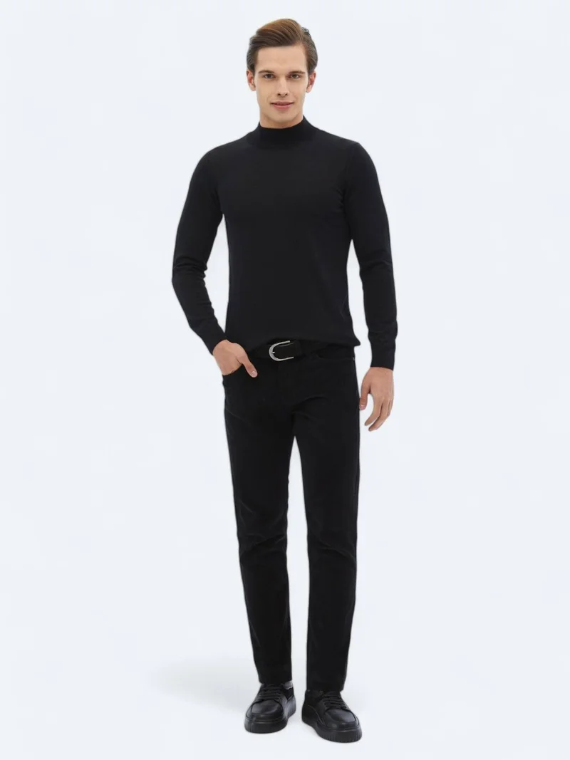 Kip Black Weaving Slim Fit Casual Cotton Blended Trousers