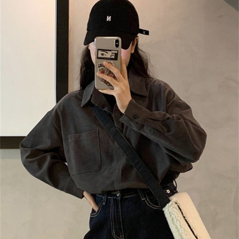 Autumn Winter Mock-Layered Long Sleeve Shirt 880 gray with pockets fabric