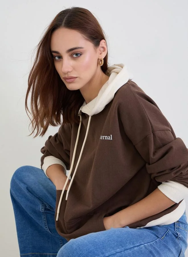 Styli Brown Color Block Oversized Hoodie