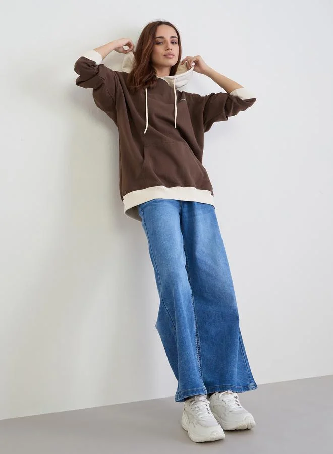 Styli Brown Color Block Oversized Hoodie