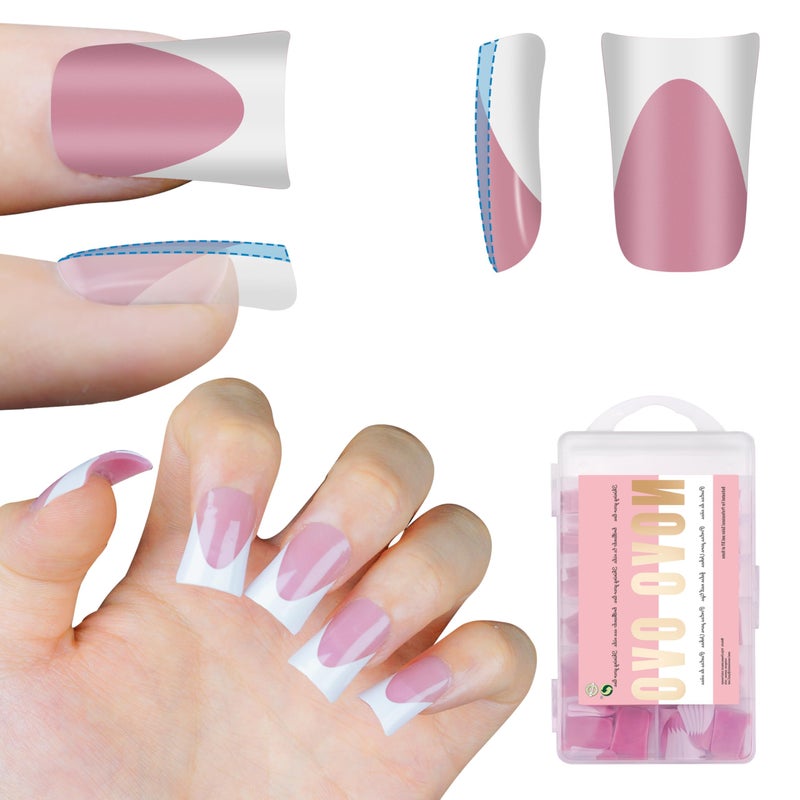 NOVO OVO French Tip Short Duck Nail Tips Press on, Pre-designed Soft Gel Nail Extension, BERRY PINK Pre-applied Tip Primer & Base Coat, Full Cover Matte Vrial False Nails for DIY x 12 Sizes 240 pcs - Image 1