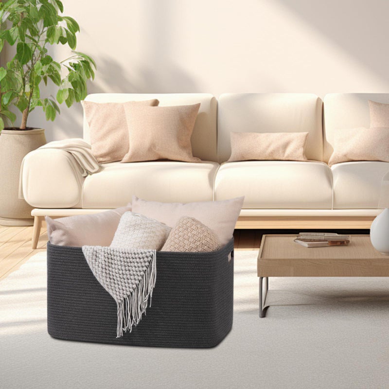 OIAHOMY Large Blanket Basket,Storage Basket with Handle, Blanket Basket for Living Room, Rectangle Woven Cotton Rope Basket for Bedroom, Toy Baskets Organizer Bins, 22" x 17" x 12" in, Dark Grey - Image 2