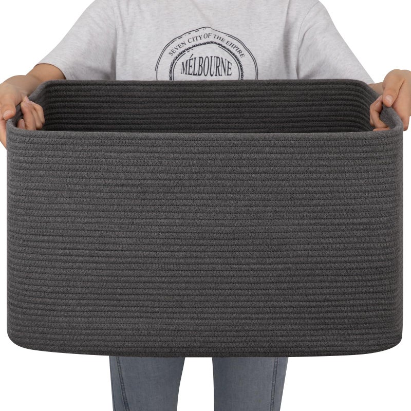 OIAHOMY Large Blanket Basket,Storage Basket with Handle, Blanket Basket for Living Room, Rectangle Woven Cotton Rope Basket for Bedroom, Toy Baskets Organizer Bins, 22" x 17" x 12" in, Dark Grey - Image 1