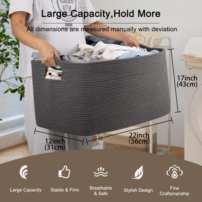 OIAHOMY Large Blanket Basket,Storage Basket with Handle, Blanket Basket for Living Room, Rectangle Woven Cotton Rope Basket for Bedroom, Toy Baskets Organizer Bins, 22" x 17" x 12" in, Dark Grey - Image 3