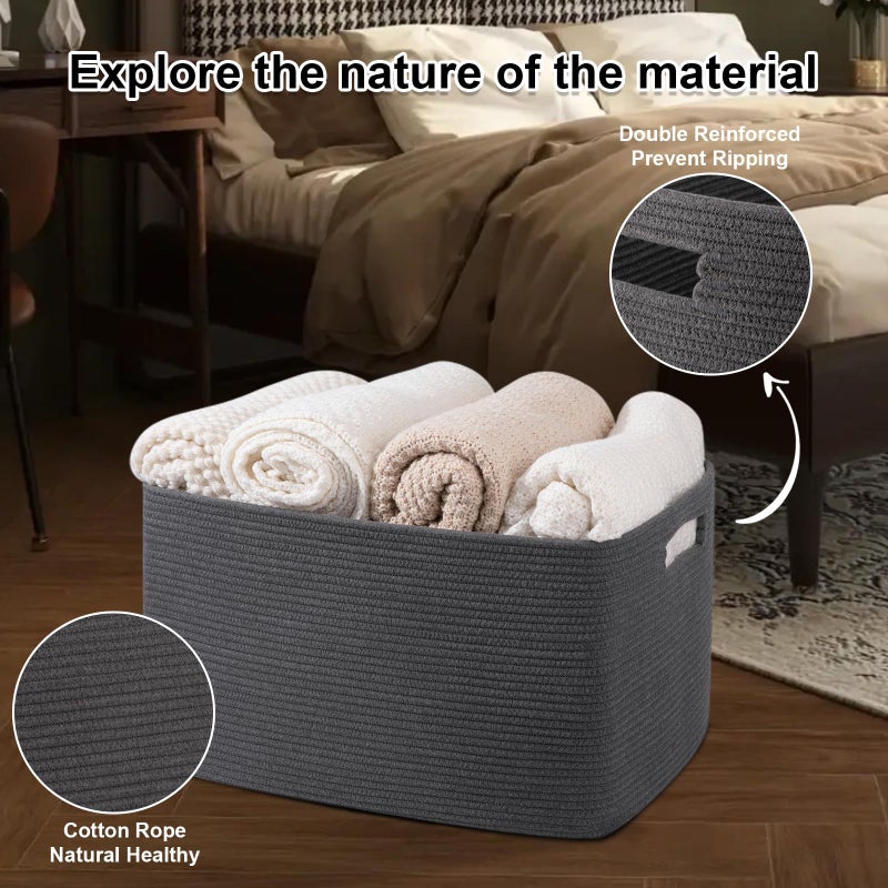 OIAHOMY Large Blanket Basket,Storage Basket with Handle, Blanket Basket for Living Room, Rectangle Woven Cotton Rope Basket for Bedroom, Toy Baskets Organizer Bins, 22" x 17" x 12" in, Dark Grey - Image 4