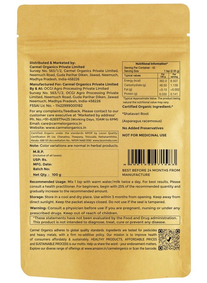 CARMEL ORGANICS CARMEL ORGANICS Shatavari Root Powder 100 Grams | Jaivik Bharat Certified | Asparagus Racemosus | Satavari Kizhangu Podi/Chittamoothi Podi Powder | Non GMO  - Image 2