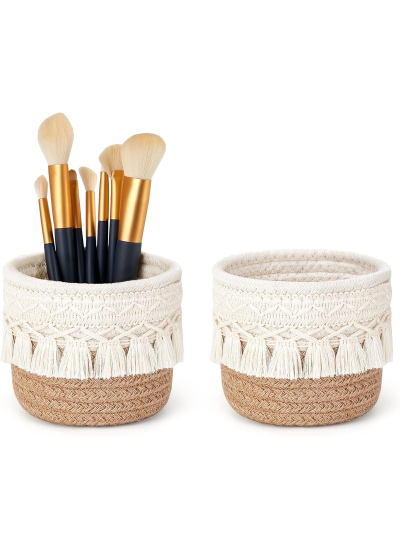 Mkono Mkono Macrame Makeup Brush Holder Organizer Comb Brushes Mini Storage Basket Set of 2 Boho Decor Baskets for Pen Pencil Box Container,Yellow and White 