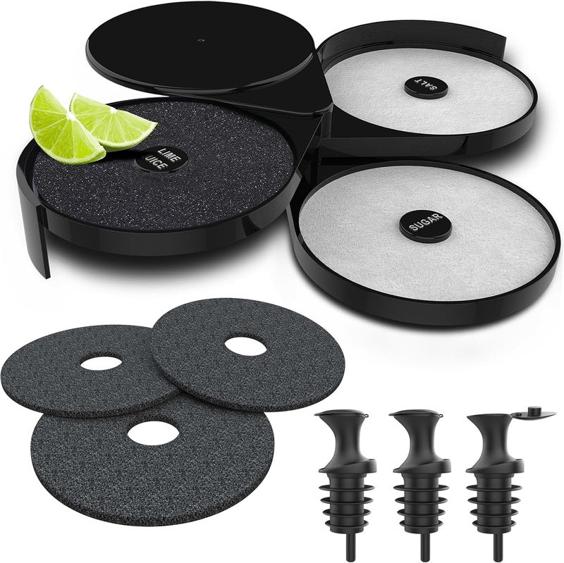 Esatto Glass Salt Rimmer 3 Tier for Margarita Tray and Cocktail, Black with 2 Extra Sponge’s + 3 Pourers – Apply Salt, Sugar, and Lime Juice for Better Drinks and Efficient Drink Preparation - Image 1