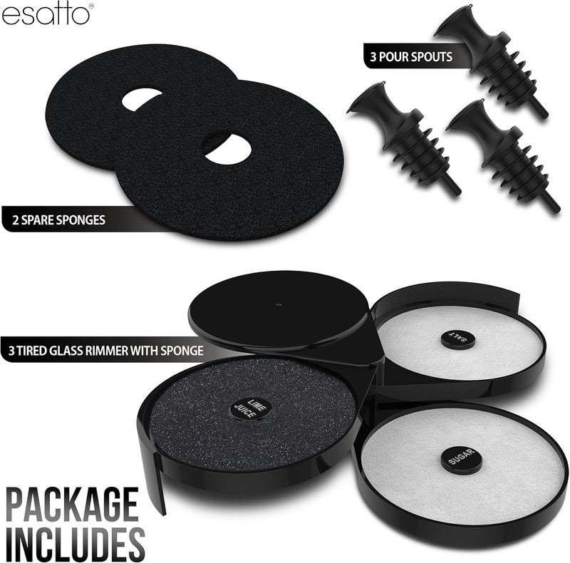 Esatto Glass Salt Rimmer 3 Tier for Margarita Tray and Cocktail, Black with 2 Extra Sponge’s + 3 Pourers – Apply Salt, Sugar, and Lime Juice for Better Drinks and Efficient Drink Preparation - Image 2