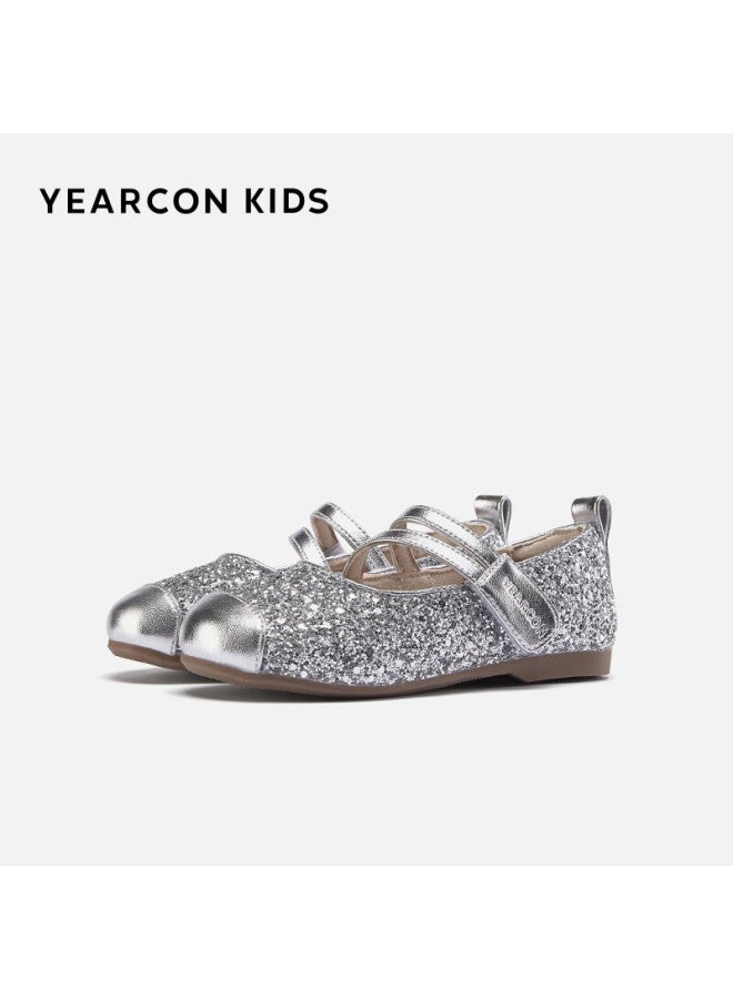 YEARCON Yierkang Children's Shoes, Autumn Girls' Leather Shoes, Kids' Princess Shoes, Aisha Crystal Shoes, Anti-kick Performance Shoes, Silver, Size 32 - Image 2