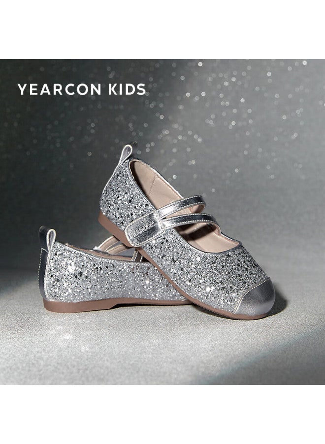 YEARCON Yierkang Children's Shoes, Autumn Girls' Leather Shoes, Kids' Princess Shoes, Aisha Crystal Shoes, Anti-kick Performance Shoes, Silver, Size 32 - Image 1