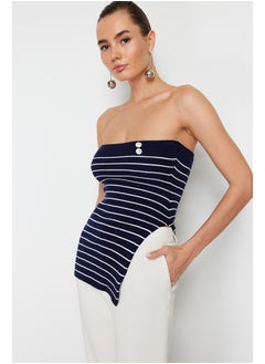Navy Blue Striped Strapless Premium Yarn/Special Yarn Knitwear Blouse TWOSS24BZ00139