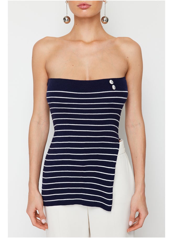 trendyol - Navy Blue Striped Strapless Premium Yarn/Special Yarn Knitwear Blouse TWOSS24BZ00139 - Image 1