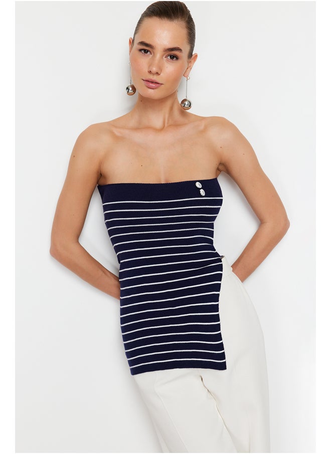 trendyol - Navy Blue Striped Strapless Premium Yarn/Special Yarn Knitwear Blouse TWOSS24BZ00139 - Image 1