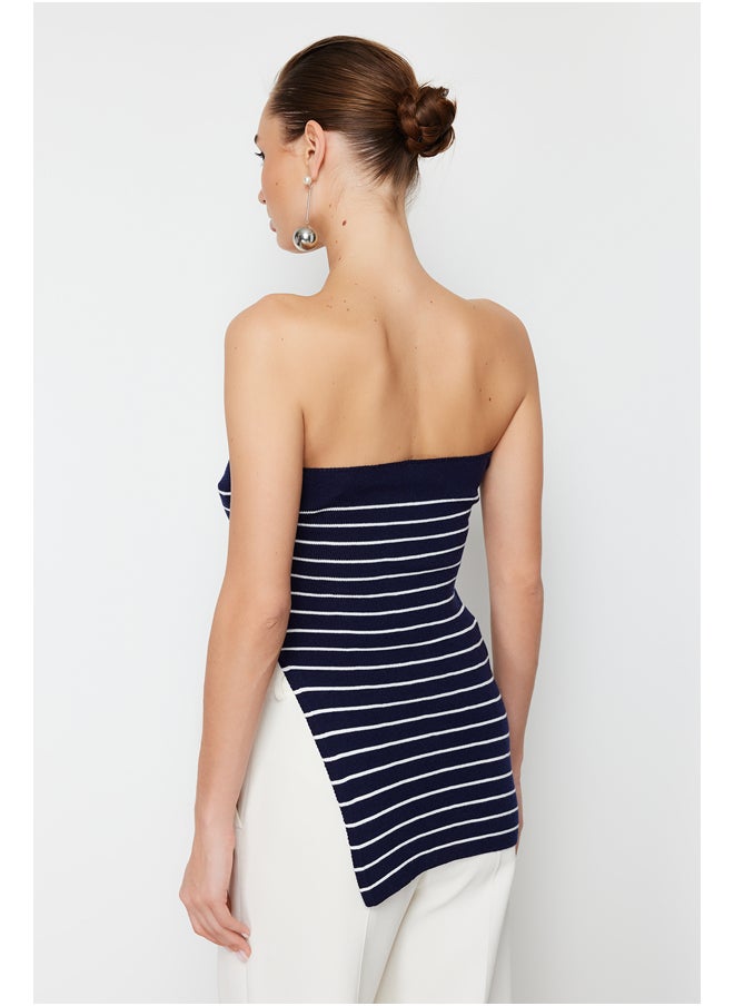 trendyol - Navy Blue Striped Strapless Premium Yarn/Special Yarn Knitwear Blouse TWOSS24BZ00139 - Image 1