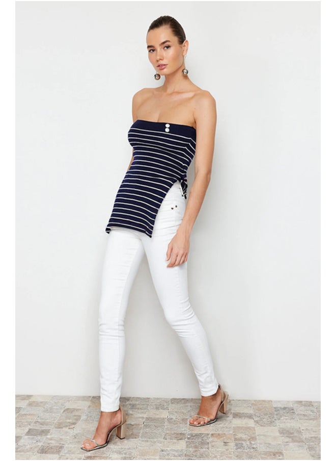 trendyol - Navy Blue Striped Strapless Premium Yarn/Special Yarn Knitwear Blouse TWOSS24BZ00139 - Image 1