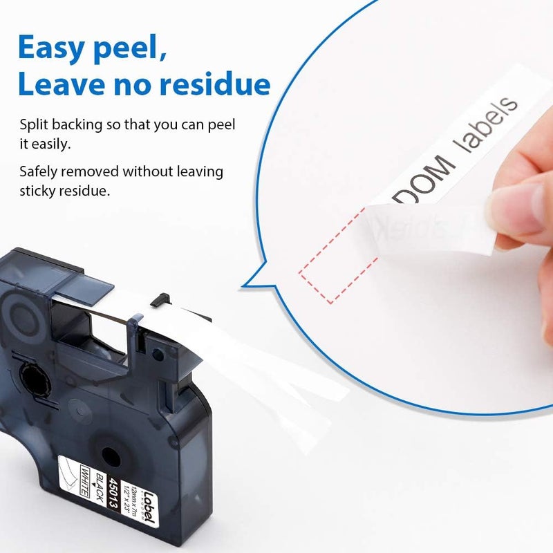 لايبل كينجدوم عبوة من 6 قطع من شريط ملصقات D1 أسود على أبيض، مقاس 12 مم، بديل لطابعة ملصقات Dymo 45013 S0720530، متوافقة مع آلات Dymo Labelmanager Labelwriter - Image 2