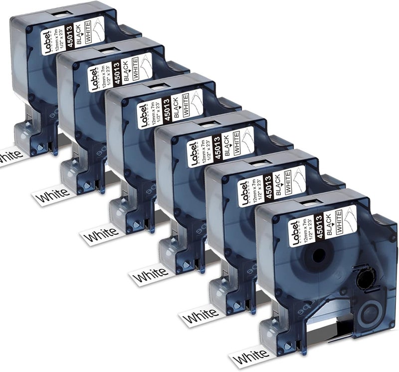 لايبل كينجدوم عبوة من 6 قطع من شريط ملصقات D1 أسود على أبيض، مقاس 12 مم، بديل لطابعة ملصقات Dymo 45013 S0720530، متوافقة مع آلات Dymo Labelmanager Labelwriter - Image 1