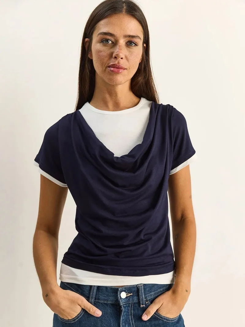 بيانكو لوتشي LUCCI Women's Cowl Neck Short Sleeve T-Shirt