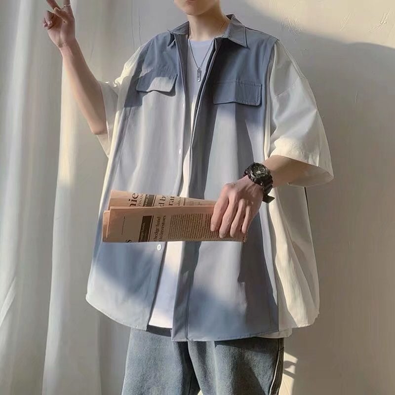 Spring And Stitching Five-Point Sleeve Shirt Men'S Korean-Style Casual Jacket All-Match Trendy Hong Kong-Style Short-Sleeved Workwear Shirt - Image 2