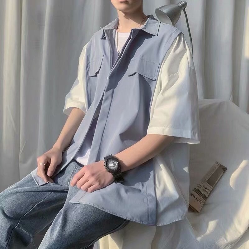 Spring And Stitching Five-Point Sleeve Shirt Men'S Korean-Style Casual Jacket All-Match Trendy Hong Kong-Style Short-Sleeved Workwear Shirt - Image 3