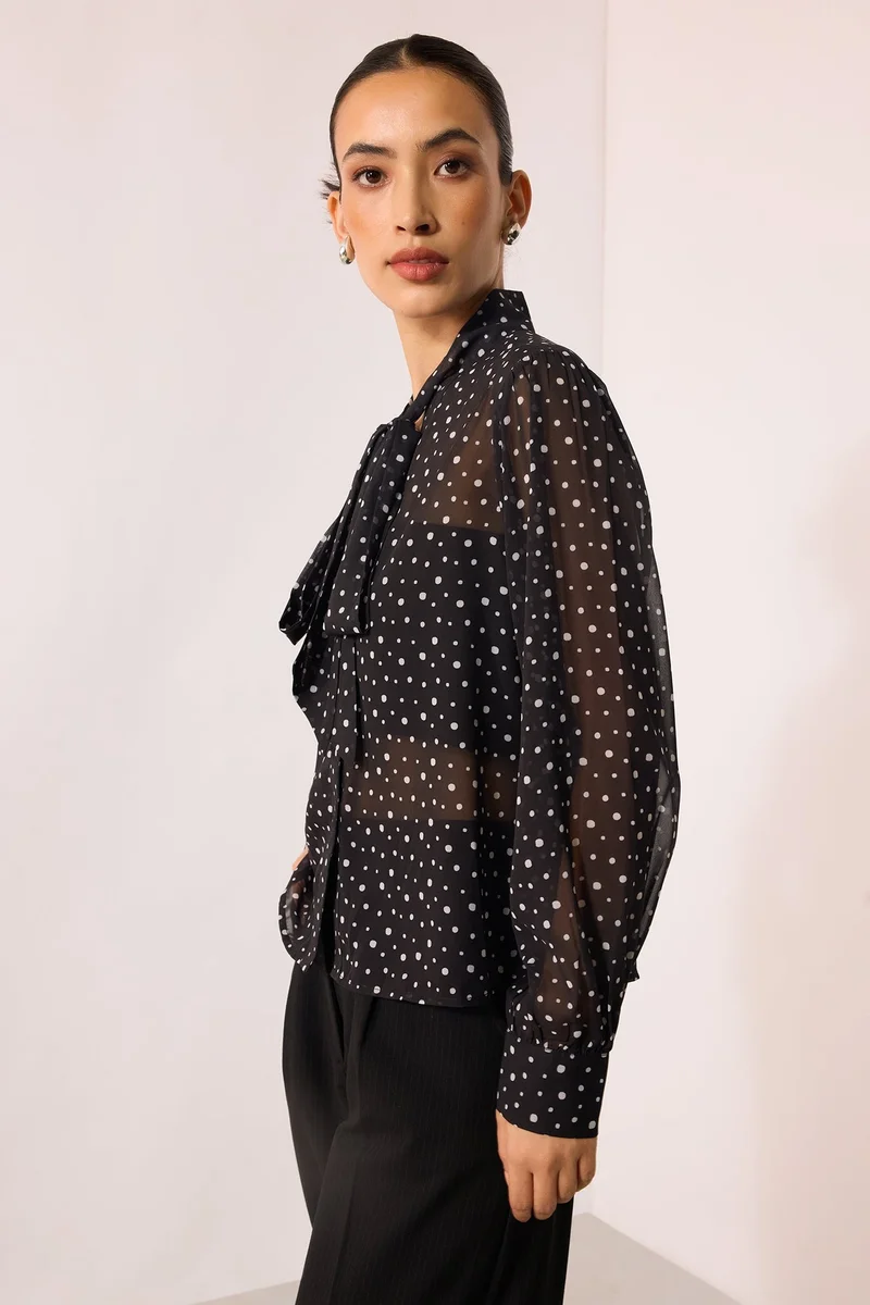Virgio  Printed Georgette Polka Top With Tie-Up At Neck for Women for Women | Best Price UAE
