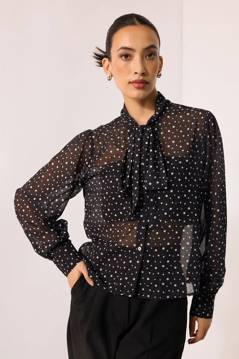 Virgio Printed Georgette Polka Top With Tie-Up At Neck for Women