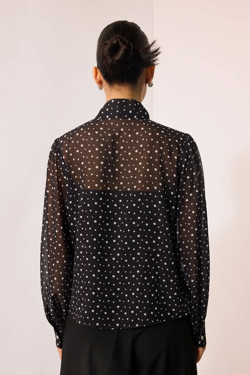 Virgio  Printed Georgette Polka Top With Tie-Up At Neck for Women for Women | Best Price UAE