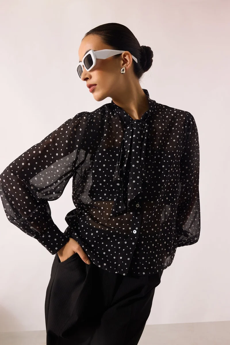 Virgio  Printed Georgette Polka Top With Tie-Up At Neck for Women for Women | Best Price UAE