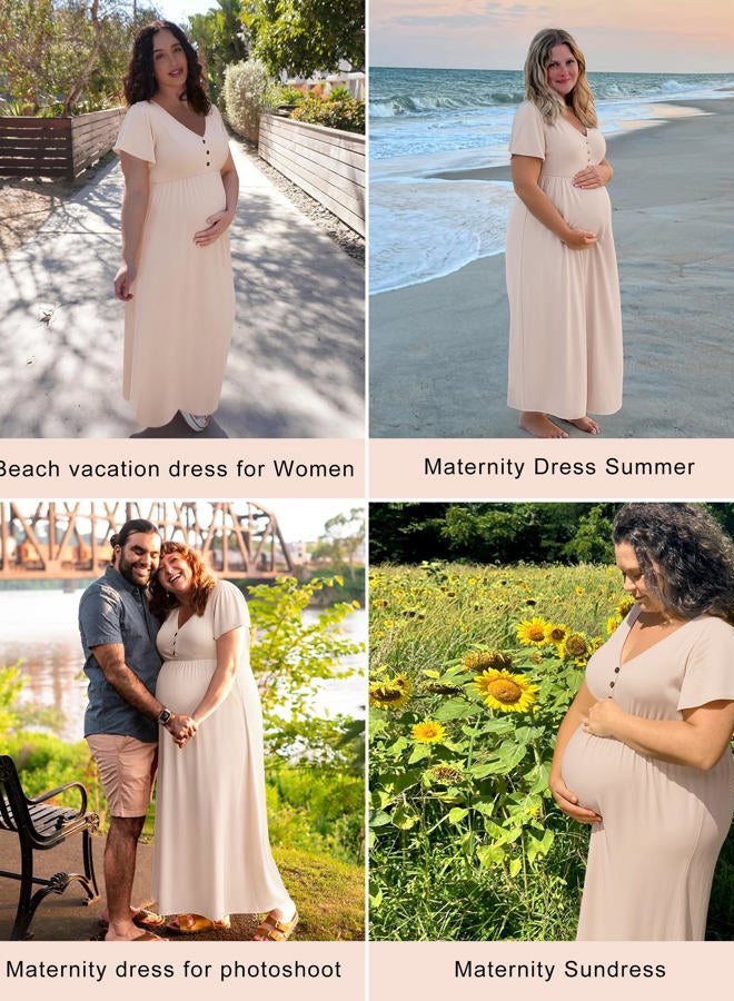 Peauty Maternity Maxi Dress Summer with Decorative Button (S-3XL)/Short Flutter Sleeve Flowy Dress Baby Shower Photoshoot, Light Mocha, S - Image 2