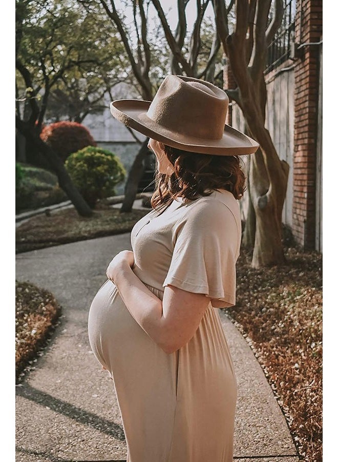 Peauty Maternity Maxi Dress Summer with Decorative Button (S-3XL)/Short Flutter Sleeve Flowy Dress Baby Shower Photoshoot, Light Mocha, S - Image 3