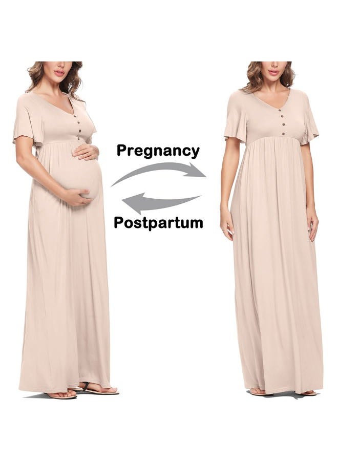 Peauty Maternity Maxi Dress Summer with Decorative Button (S-3XL)/Short Flutter Sleeve Flowy Dress Baby Shower Photoshoot, Light Mocha, S - Image 4