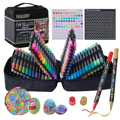 FEGLEEN 120 Colors Acrylic Paint MarkersDual Tip Acrylic Marker Set With Fine Tip and Brush Tip Contain MetallicGlitterNeonMorandiSkin Tone Series for Rock PaintingEggWoodGlassFabricCrafts - Image 1