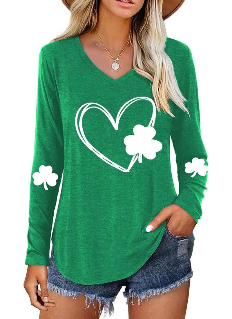 Grezea St Patricks Day Shirt Womenï¼šV Neck Green Shamrock Long Sleeve Shirt Lucky Leaf Clover Shirt - Image 1