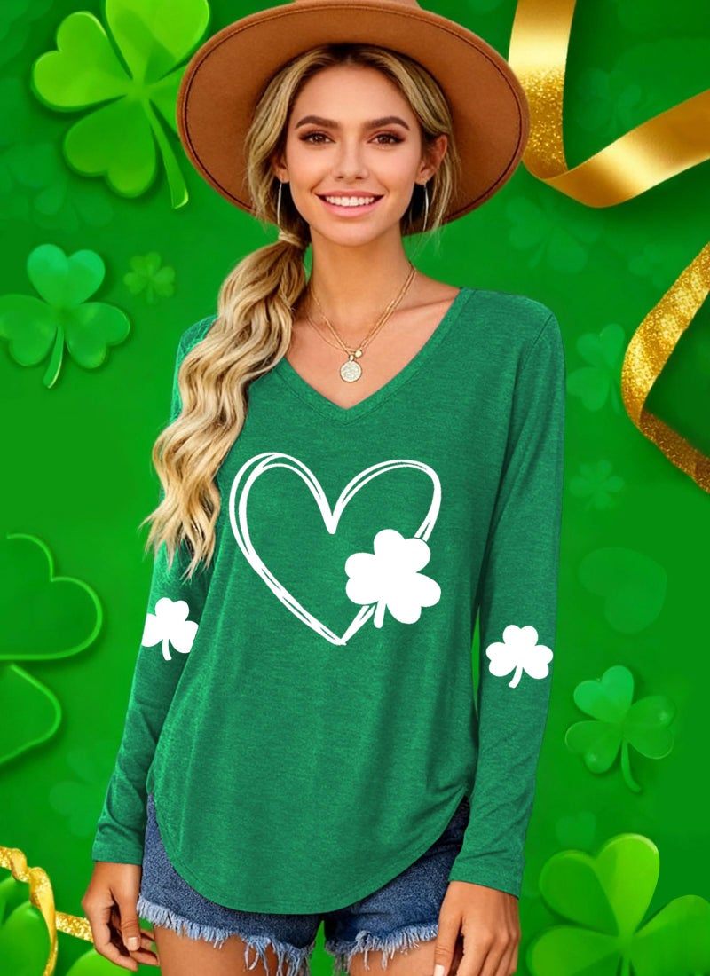 Grezea St Patricks Day Shirt Womenï¼šV Neck Green Shamrock Long Sleeve Shirt Lucky Leaf Clover Shirt - Image 4