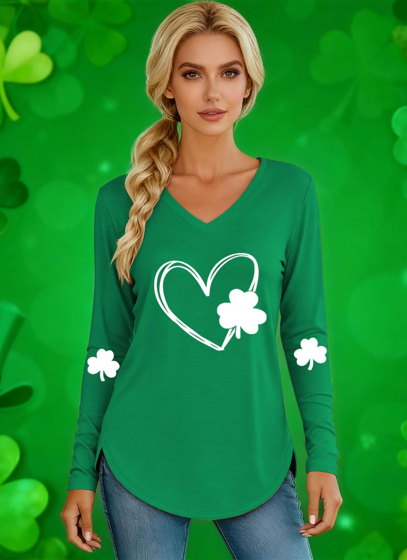 Grezea St Patricks Day Shirt Womenï¼šV Neck Green Shamrock Long Sleeve Shirt Lucky Leaf Clover Shirt - Image 3