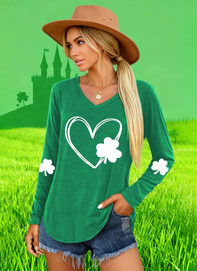 Grezea St Patricks Day Shirt Womenï¼šV Neck Green Shamrock Long Sleeve Shirt Lucky Leaf Clover Shirt - Image 5