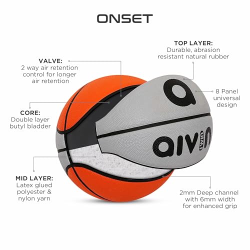 Aivin Onset Basketball, Rubberized Moulded Basketball Game, for Match, Training, Outdoor Ball, Durable for Practice, Waterproof and Suitable for All Surface, 8 Panel, Material-Rubber (Grey/Red) Size-7 - Image 3
