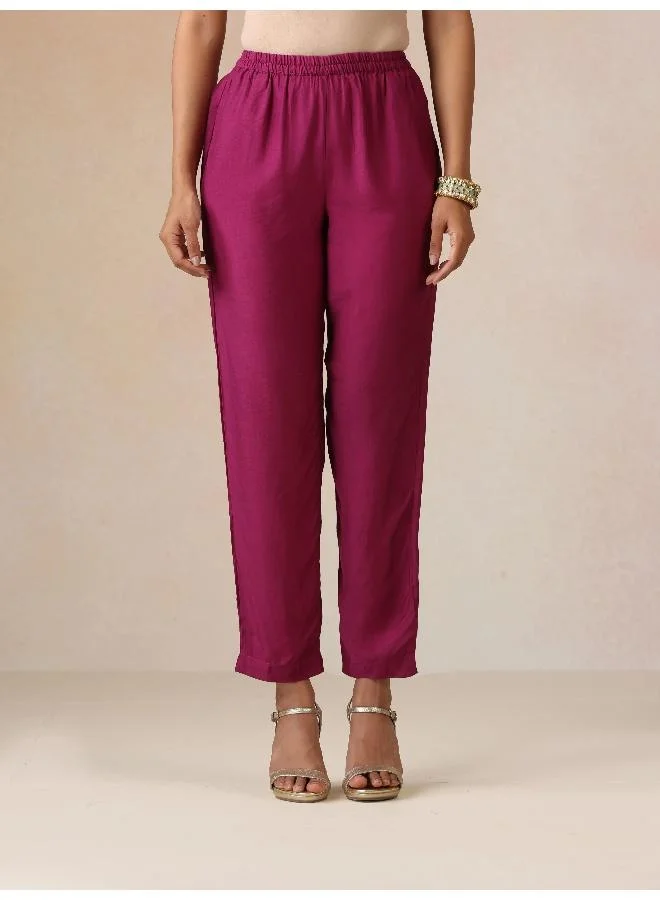trueBrowns trueBrowns Magenta Gold Foil Print Muslin Silk Asymmetric One-Shoulder Kurta Co-ord Set