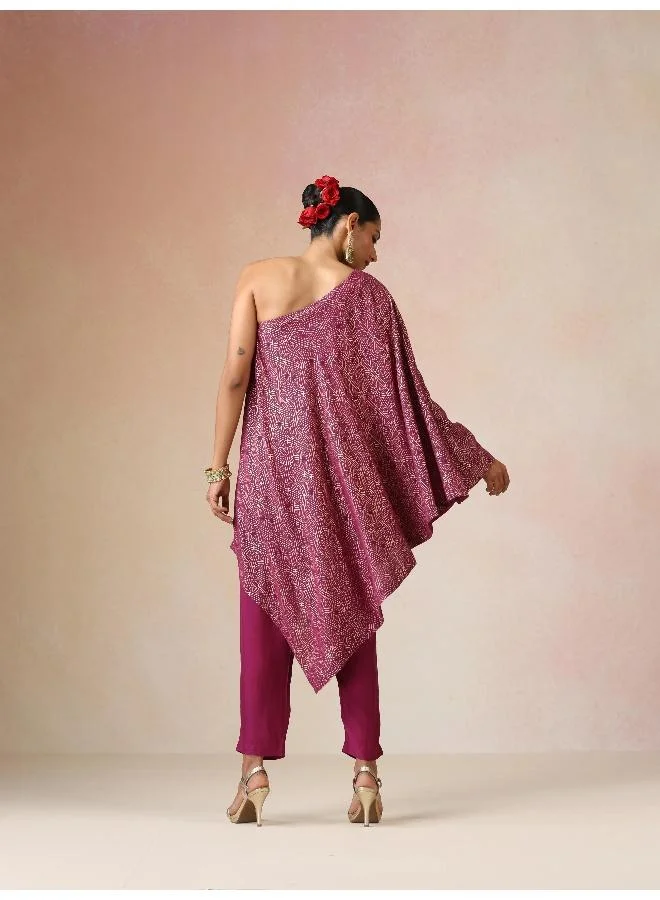 trueBrowns trueBrowns Magenta Gold Foil Print Muslin Silk Asymmetric One-Shoulder Kurta Co-ord Set