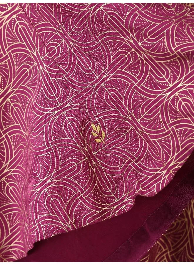 trueBrowns trueBrowns Magenta Gold Foil Print Muslin Silk Asymmetric One-Shoulder Kurta Co-ord Set