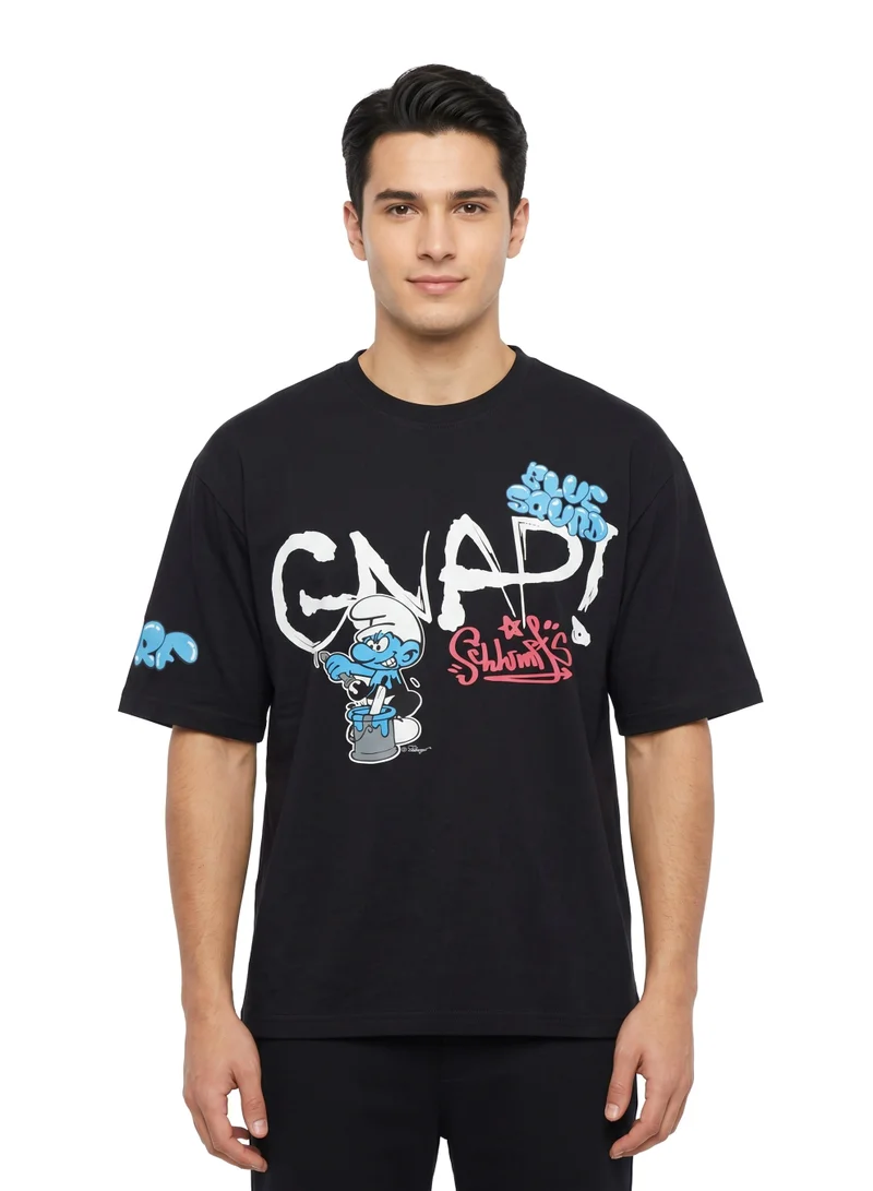 السنافر The Smurfs “Snap!” Men’s Drop Shoulder T-Shirt | Graffiti Character Graphic Casual Crew Neck Cotton Tee