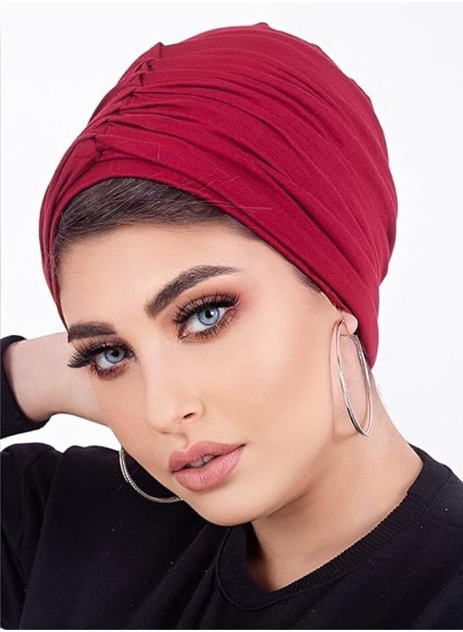 Women's Turban Cotton Turban (2 Pieces) Women Hat Hijab Ladies Turban Women Bonnet Caps Headwear Turban for Women, Burgundy - Image 2