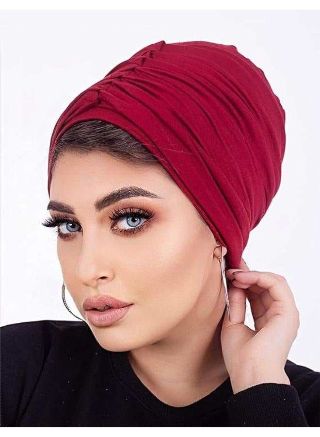 Women's Turban Cotton Turban (2 Pieces) Women Hat Hijab Ladies Turban Women Bonnet Caps Headwear Turban for Women, Burgundy - Image 1