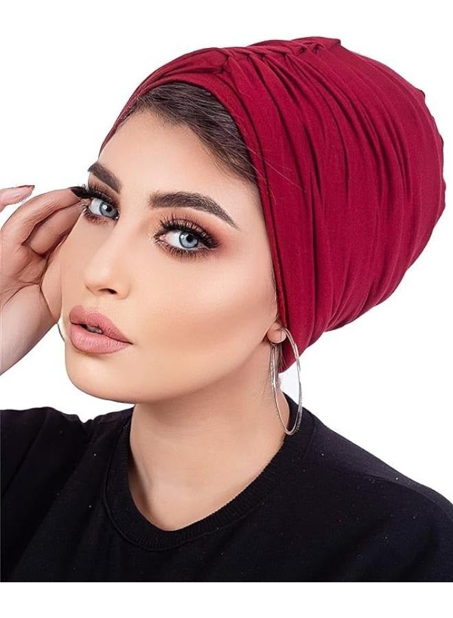 Women's Turban Cotton Turban (2 Pieces) Women Hat Hijab Ladies Turban Women Bonnet Caps Headwear Turban for Women, Burgundy - Image 3