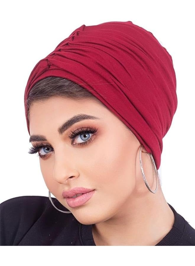 Women's Turban Cotton Turban (2 Pieces) Women Hat Hijab Ladies Turban Women Bonnet Caps Headwear Turban for Women, Burgundy - Image 4