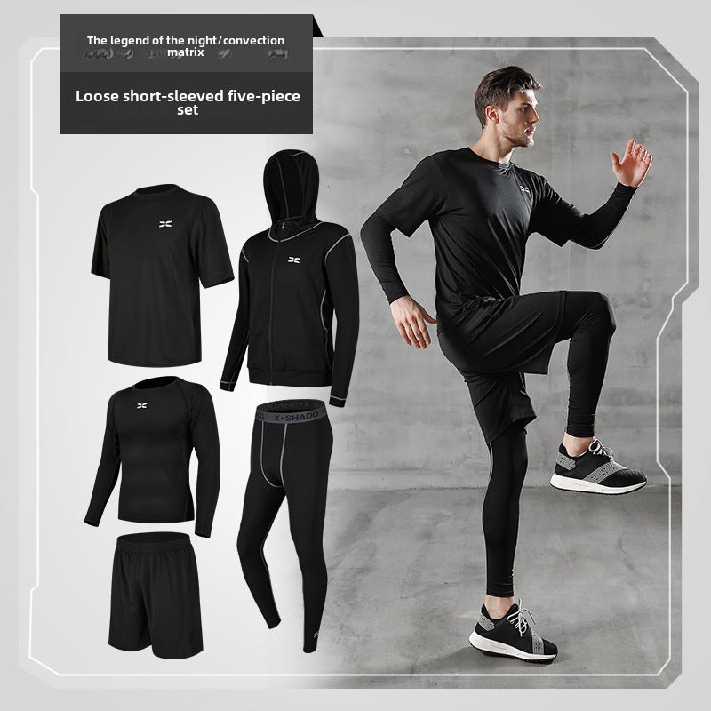 Generic Mens Fitness Tight Suit Basketball Gym Training Summer Set Black-loose short-sleeved five-piece set